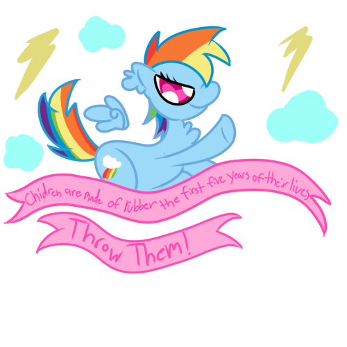 Size: 500x500 | Tagged: artist:php10, blatant lies, chest fluff, chibi, child abuse, derpibooru import, ear fluff, false truth ponies, floating wings, glare, mouthpiece, old banner, pointing, rainbow dash, rainbow douche, semi-grimdark, smiling, solo, subversive kawaii