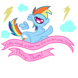 Size: 500x500 | Tagged: artist:php10, blatant lies, chest fluff, chibi, child abuse, derpibooru import, ear fluff, false truth ponies, floating wings, glare, mouthpiece, old banner, pointing, rainbow dash, rainbow douche, semi-grimdark, smiling, solo, subversive kawaii