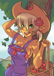 Size: 620x877 | Tagged: ambiguous facial structure, anthro, applejack, artist:a-purple-pony, breasts, busty applejack, cleavage, derpibooru import, female, happy, hat, human, humanized, orange skin, overalls, pony coloring, safe, shade, solo