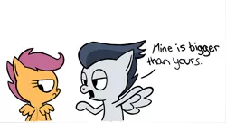 Size: 1280x694 | Tagged: safe, artist:cross, derpibooru import, rumble, scootaloo, annoyed, colored, comic, dialogue, female, frown, grammar error, looking back, male, pointing, rumbloo, scootaloo is not amused, shipping, simple background, size comparison, size difference, spread wings, straight
