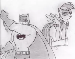 Size: 586x462 | Tagged: artist:mangameister, batman, batman and robin, batman: the brave and the bold, crossover, dc comics, derpibooru import, monochrome, rainbow dash, robin, safe