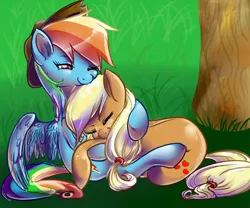 Size: 864x720 | Tagged: safe, artist:zahruna, derpibooru import, applejack, rainbow dash, accessory swap, appledash, bedroom eyes, cuddling, cute, eyes closed, female, freckles, hug, lesbian, prone, shipping, sitting, sleeping, smiling, snuggling, tree, under the tree, wink