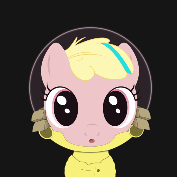 Size: 894x894 | Tagged: safe, artist:eipred, derpibooru import, oc, oc:puppysmiles, unofficial characters only, earth pony, pony, fallout equestria, fallout equestria: pink eyes, fanfic, :o, black background, fanfic art, female, filly, hazmat suit, looking at you, open mouth, simple background, solo