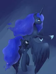 Size: 800x1066 | Tagged: artist:zilvtree, balancing, bedroom eyes, derpibooru import, looking at you, looking back, moonbutt, plot, princess luna, raised leg, rearing, safe, smiling, solo, spread wings