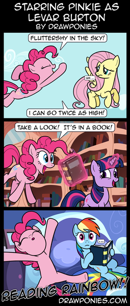 Size: 850x2000 | Tagged: artist:drawponies, book, comic, derpibooru import, fluttershy, magic, pinkie being pinkie, pinkie physics, pinkie pie, rainbow dash, reading rainboom, safe, singing, telekinesis, twilight sparkle