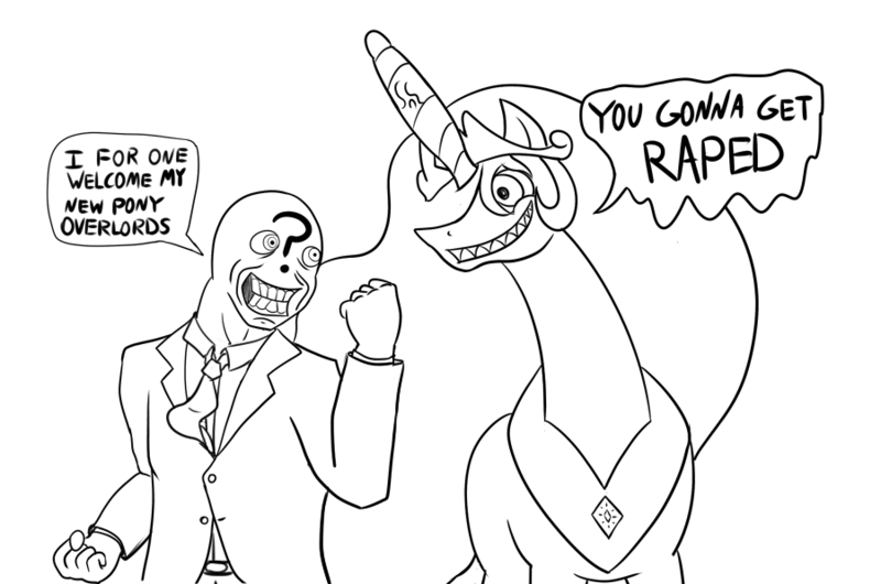 Size: 900x596 | Tagged: artist:midnight-wizard, creepy, derpibooru import, dialogue, grin, hornboner, imminent sex, lineart, monochrome, oc, oc:anon, princess celestia, princess molestia, questionable, sharp teeth, smiling, the simpsons, wide eyes, you gonna get raped