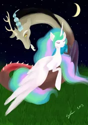 Size: 2480x3507 | Tagged: safe, artist:kozunen, derpibooru import, discord, princess celestia, dislestia, female, male, night, shipping, straight