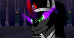 Size: 1366x698 | Tagged: artist:sillyfillystudios, caption, derpibooru import, edit, edited screencap, fall of the crystal empire, king sombra, meme, screencap, solo, suggestive, vulgar, youtube caption