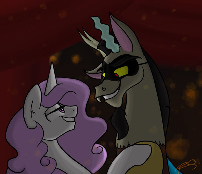 Size: 1000x860 | Tagged: safe, artist:riquis101, derpibooru import, discord, princess celestia, dislestia, female, male, mask, phantom of the opera, shipping, smirk, straight