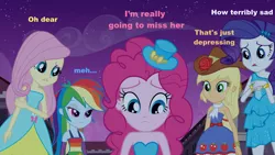 Size: 1280x720 | Tagged: safe, derpibooru import, edit, edited screencap, screencap, applejack, fluttershy, pinkie pie, rainbow dash, rarity, equestria girls, blue text, bracelet, caption, fall formal outfits, hat, jewelry, orange text, pink text, top hat