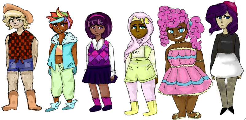 Size: 824x404 | Tagged: applejack, artist:spiritrash, dark skin, derpibooru import, diversity, fluttershy, hijab, human, humanized, islam, islamashy, mane six, pinkie pie, rainbow dash, rarity, safe, twilight sparkle, why meph why