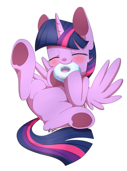 Size: 1379x1853 | Tagged: safe, artist:sion, derpibooru import, twilight sparkle, twilight sparkle (alicorn), alicorn, pony, blushing, cute, donut, eating, eyes closed, featureless crotch, female, imminent belly rub, legs in air, mare, nom, on back, pixiv, smiling, solo, spread wings, twiabetes, underhoof, weapons-grade cute