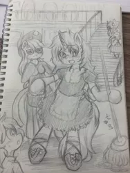 Size: 768x1024 | Tagged: anthro, applejack, artist:wonton soup, clothes, derpibooru import, maid, monochrome, oc, pixiv, safe, traditional art