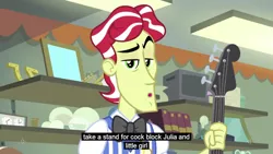 Size: 1366x768 | Tagged: suggestive, derpibooru import, edit, edited screencap, screencap, flim, a case for the bass, equestria girls, bowtie, caption, cockblock, implied foalcon, meme, solo, vulgar, youtube caption