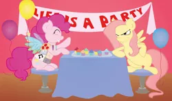 Size: 2448x1440 | Tagged: safe, artist:pinksaphires, derpibooru import, fluttershy, pinkie pie, earth pony, pegasus, pony, .mov, fanfic:cupcakes, shed.mov, balloon, cupcake, cutie mark dress, life is a party