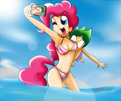Size: 7087x5906 | Tagged: absurd resolution, armpits, artist:ryured, bikini, boob smothering, breasts, busty pinkie pie, clothes, derpibooru import, female, human, humanized, human spike, male, ocean, pinkie pie, pinkiespike, selfie, shipping, spike, straight, suggestive, swimsuit, tailed humanization, wide eyes