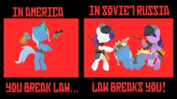 Size: 15000x8455 | Tagged: safe, artist:medio-cre, derpibooru import, rarity, trixie, twilight sparkle, pony, absurd resolution, ak-47, authoritarianism, bipedal, communism, glock, gun, magic, pistol, rifle, soviet russia, yakov smirnov