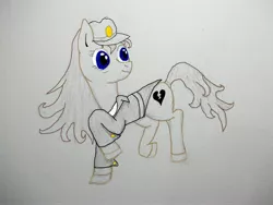 Size: 4288x3216 | Tagged: safe, artist:verandure, derpibooru import, oc, oc:heartbreak, unofficial characters only, earth pony, pony, blue eyes, branding, clothes, drawing, female, gold, hat, heart, human in equestria, human to pony, male to female, mare, messy mane, my little heartbreak, rule 63, smiling, solo, traditional art