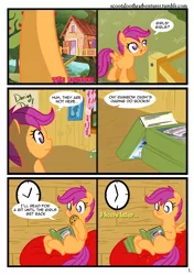 Size: 900x1280 | Tagged: artist:alskylark, book, clock, clubhouse, comic, crusaders clubhouse, derpibooru import, safe, scootaloo, solo, tree, treehouse