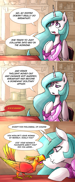 Size: 1000x2400 | Tagged: safe, artist:romanrazor, derpibooru import, philomena, princess celestia, alicorn, phoenix, pony, good morning celestia, baby talk, bathrobe, blue-mane celestia, cereal, clothes, comic, cute, cutelestia, derp, female, frosted flakes, hilarious in hindsight, kissy face, kitchen, mare, momlestia, open mouth, robe, stove, table, tumblr