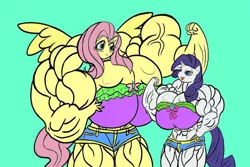 Size: 1095x730 | Tagged: suggestive, artist:thinknoodleskopi, artist:wobbleblot-alt, derpibooru import, fluttershy, rarity, anthro, abs, big breasts, blushing, breasts, female, fetish, looking at each other, muscle fetish, muscles, muscleshy, overdeveloped muscles, ripped rarity, simple background, smiling, spread wings, teal background, tongue out