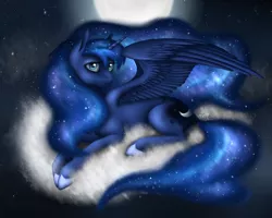 Size: 2000x1600 | Tagged: safe, artist:puggie, derpibooru import, princess luna, alicorn, pony, cloud, cloudy, dream, moon, moonlight, night, princess, prone, sky, solo, space, stars