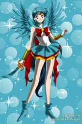 Size: 400x600 | Tagged: anime, artist:drachearannak-fc, base used, crossover, cute, derpibooru import, human, humanized, looking at you, moe, rainbow dash, safe, sailor moon, sailor senshi, smiling, solo, sparkles, spread wings, sword, updated, weapon, winged humanization