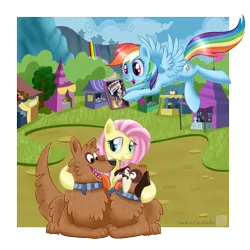 Size: 900x900 | Tagged: safe, artist:swanlullaby, derpibooru import, fluttershy, orthros, rainbow dash, dog, trade ya, multiple heads, two heads