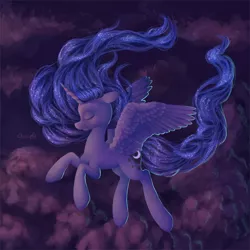 Size: 1024x1024 | Tagged: artist:tuffmuffins, cloud, cloudy, derpibooru import, eyes closed, flying, princess luna, safe, solo