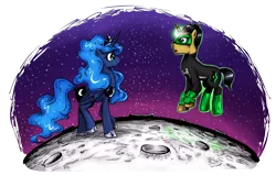 Size: 1937x1237 | Tagged: artist:saturdaymorningproj, bodysuit, crossover, dc comics, derpibooru import, floating, green lantern, horn ring, kyle rayner, moon, :o, ponified, princess luna, raised leg, safe, surprised