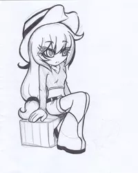 Size: 575x720 | Tagged: applejack, artist:reikosketch, derpibooru import, human, humanized, monochrome, safe, sitting, solo, traditional art