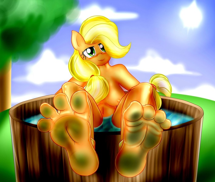 Size: 1600x1355 | Tagged: anthro, applejack, artist:xptzstudios, barefoot, bath, belly button, blushing, breasts, busty applejack, derpibooru import, dirty, dirty feet, feet, female, fetish, foot fetish, foot focus, looking at you, nipples, nudity, plantigrade anthro, questionable, smiling, soles, solo, solo female, toes, tub