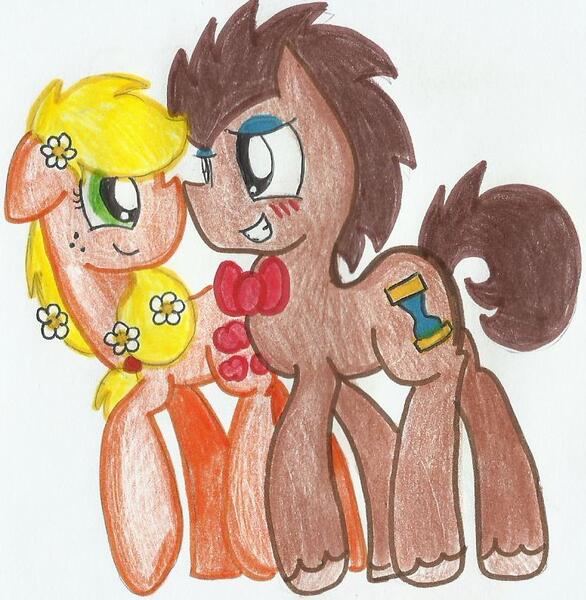 Size: 793x812 | Tagged: applejack, applewhooves, artist:blanquiwiis, blushing, derpibooru import, doctor whooves, female, flower, flower in hair, hatless, male, missing accessory, safe, shipping, straight, time turner, traditional art