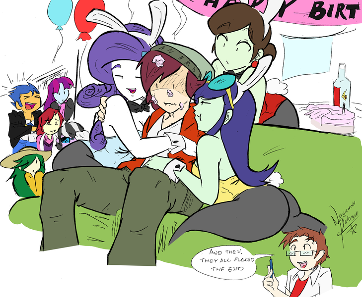 Size: 3037x2498 | Tagged: suggestive, artist:nayaasebeleguii, derpibooru import, blueberry cake, flash sentry, mystery mint, nolan north, normal norman, rarity, ringo, sophisticata, sweet leaf, equestria girls, /mlp/, background human, balloon, birthday, breasts, bunny ears, bunny suit, cake, clothes, colored, female, harem, leotard, male, naomi nobody, normalcake, pantyhose, polyamory, shipping, straight, thong leotard