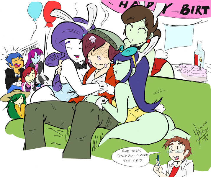 Size: 3037x2550 | Tagged: suggestive, artist:nayaasebeleguii, derpibooru import, blueberry cake, flash sentry, mystery mint, nolan north, normal norman, rarity, ringo, sophisticata, sweet leaf, equestria girls, /mlp/, ass, background human, balloon, birthday, breasts, bunny ears, bunny suit, cake, clothes, colored, imminent foursome, leotard, naomi nobody, normalcake, normity, thong leotard