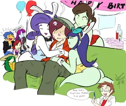 Size: 3037x2550 | Tagged: suggestive, artist:nayaasebeleguii, derpibooru import, blueberry cake, flash sentry, mystery mint, nolan north, normal norman, rarity, ringo, sophisticata, sweet leaf, equestria girls, /mlp/, ass, background human, balloon, birthday, breasts, bunny ears, bunny suit, cake, clothes, colored, imminent foursome, leotard, naomi nobody, normalcake, normity, thong leotard