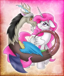 Size: 667x785 | Tagged: safe, artist:skyheavens, derpibooru import, discord, princess celestia, blushing, dislestia, eye contact, female, male, shipping, straight