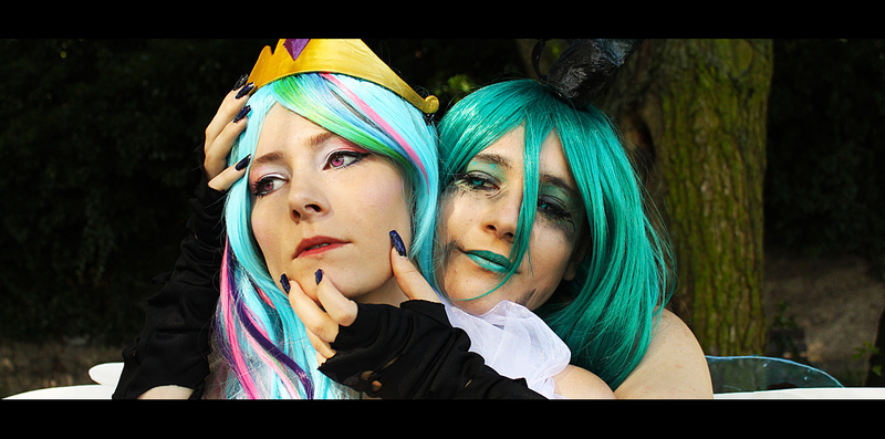 Size: 1276x633 | Tagged: artist:kuraiofanagura, cosplay, derpibooru import, human, irl, irl human, photo, princess celestia, queen chrysalis, safe