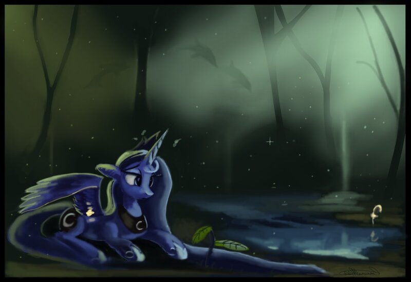 Size: 1078x741 | Tagged: artist:auroriia, derpibooru import, dream, floppy ears, frown, mentor, princess luna, prone, safe, sapling, solo, spread wings, watching, water