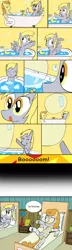 Size: 2995x10384 | Tagged: safe, artist:helsaabi, derpibooru import, carrot top, derpy hooves, golden harvest, pegasus, pony, bandage, bath, bathtub, boom, bubble bath, cast, claw foot bathtub, comic, female, flower, garfield, giggling, hospital, in pain, mare, pop, relaxing, rubber duck, shared bathing, sleeping