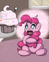 Size: 960x1200 | Tagged: safe, artist:acharmingpony, derpibooru import, pinkie pie, balloon, cupcake, cute, diapinkes, heart, heart eyes, no pupils, open mouth, sitting, solo, wingding eyes