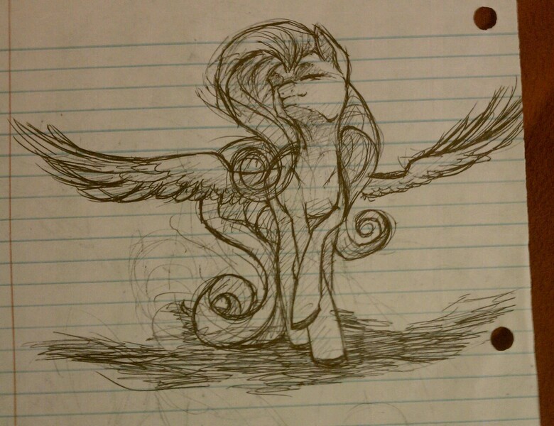 Size: 1280x984 | Tagged: artist:amphoera, derpibooru import, eyes closed, fluttershy, lined paper, safe, solo, spread wings, traditional art