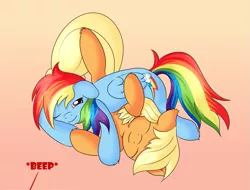 Size: 773x588 | Tagged: safe, artist:ratofdrawn, derpibooru import, applejack, rainbow dash, pony, ask appledash, appledash, ask, cuddling, cute, eyes closed, female, floppy ears, fluffy, happy, lesbian, on back, shipping, side, smiling, snuggling, tumblr, wink