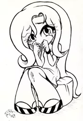 Size: 549x800 | Tagged: artist:reikosketch, crying, fluttershy, human, humanized, monochrome, sad, safe, solo