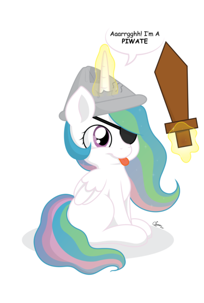 Size: 3076x4573 | Tagged: safe, artist:quarantinedchaoz, derpibooru import, princess celestia, :p, cewestia, cute, cutelestia, eyepatch, filly, hat, magic, paper hat, pirate, smiling, solo, tongue out, wooden sword