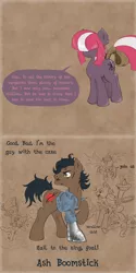 Size: 1600x3200 | Tagged: artist:dreadcoffins, ash williams, boomstick, bruce campbell, chainsaw, changeling, crossover, derpibooru import, explicit source, garlic, oc, oc:asterisk the witch, pie, ponified, safe, tail wrap, time travel, tumblr