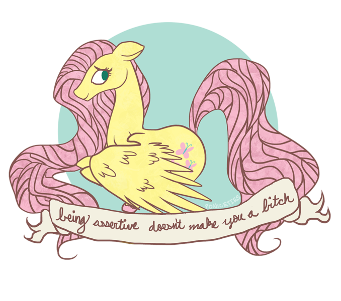 Size: 1017x900 | Tagged: artist:tinyfeather, derpibooru import, feminist ponies, fluttershy, mouthpiece, old banner, positive ponies, safe, solo, subversive kawaii, vulgar