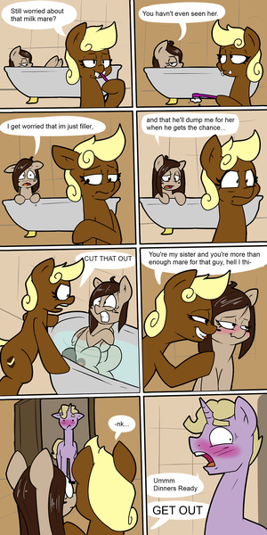 Size: 960x1920 | Tagged: artist:strangerdanger, askcookieandbrann, awkward moment, bath, bathtub, blushing, claw foot bathtub, comic, derpibooru import, oc, oc:brann flakes, oc:cookie dough, oc:cookie dough (trottingham), oc:nanaimo, suggestive, unofficial characters only, wet mane