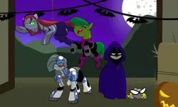 Size: 1500x900 | Tagged: artist:steveskunk, asktheteeniepies, beast boy, beastie pie, clothes, costume, crossover, cyborg (teen titans), derpibooru import, limestone pie, marble pie, maud pie, nightmare night, pinkamena diane pie, pinkie pie, raven (teen titans), rock, safe, skirt, starfire, teen titans