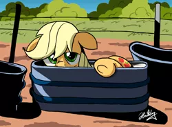 Size: 1024x753 | Tagged: safe, artist:hotdog, derpibooru import, applejack, pony, cute, floppy ears, horses doing horse things, jackabetes, looking at you, peeking, ponified animal photo, silly, silly pony, solo, trough, underhoof, water trough, who's a silly pony